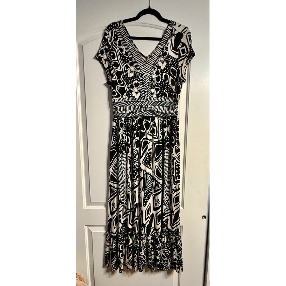 Soft Surroundings Maxi Dress PL Black White Geometric Floral Boho Chic Mod Flowy